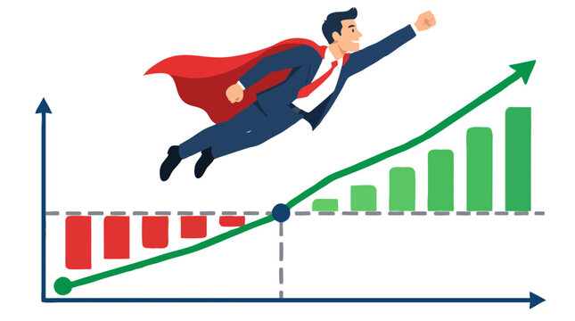 Businessman superhero in suit with red cape flying soaring over rising green revenue line crossing break-even point with red loss bars turning into green profit growth bars, business success concept