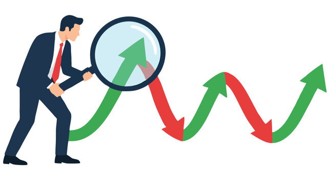 Businessman with giant magnifying glass examining undulating green and red arrow chart showing economic cycle ups and downs, market analysis concept in bold flat vector style for investment