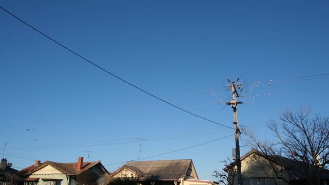 A quiet morning blue sky in Horsham, Victoria, Australia, with character timber-weatherboard and old period homes with gabled roofs, brick chimneys, utility power lines. Country town stillness.