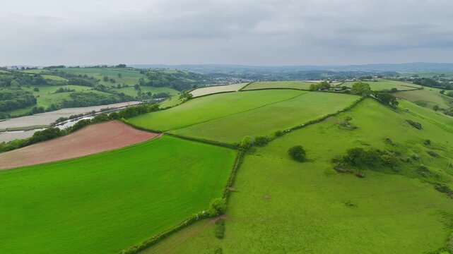 Farms and Fields over River Dart from a drone, Stoke Gabriel, Totnes, Devon, England, United Kingdom