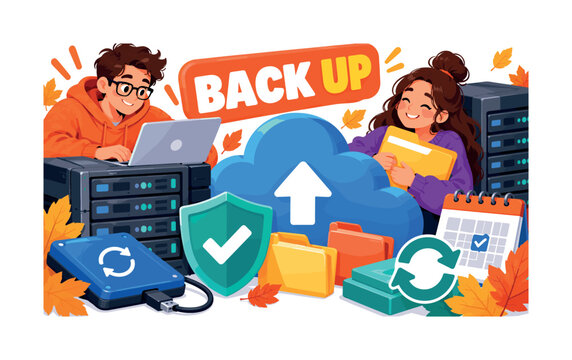 Autumn Data Backup Safety &mdash; Banner scene: two expressive IT professionals secure information beside an oversized cloud backup drive and a large server storage unit, with external drive, shield, sync
