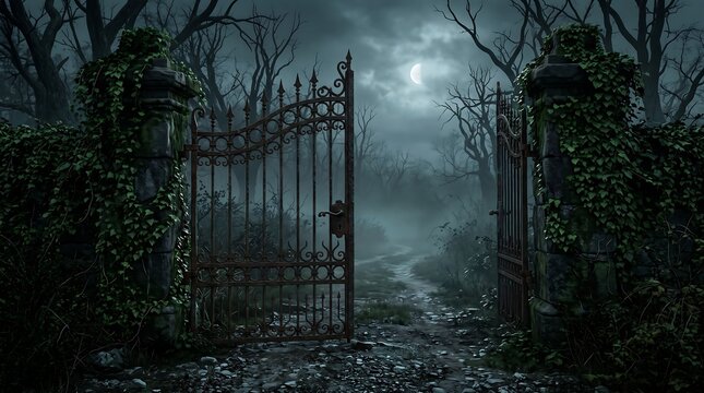 Halloween Rusty wrought iron gates stand open leading into a dark misty forest under a crescent moon creating a spooky gothic path ideal for halloween concepts.