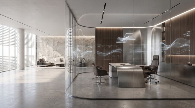 Sleek modern executive office suite with curved glass walls and futuristic digital data projections