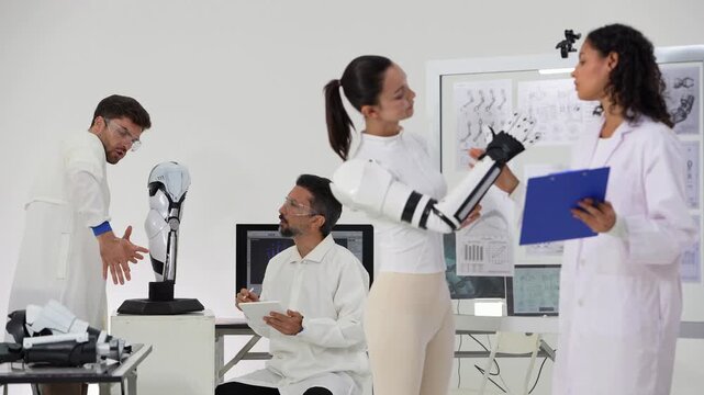 Team of bionics specialists fits a robotic prosthetic arm on a young woman while a technician adjusts a robotic leg model and a scientist works on a laptop