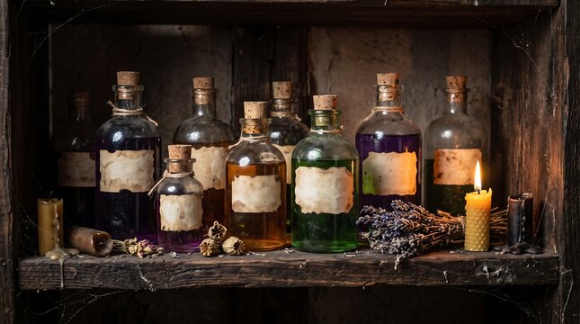 Halloween Potion bottles on rustic wooden shelf with labels and candles created for alchemy magical rituals fantasy tabletop gaming or mysterious apothecary supply display.