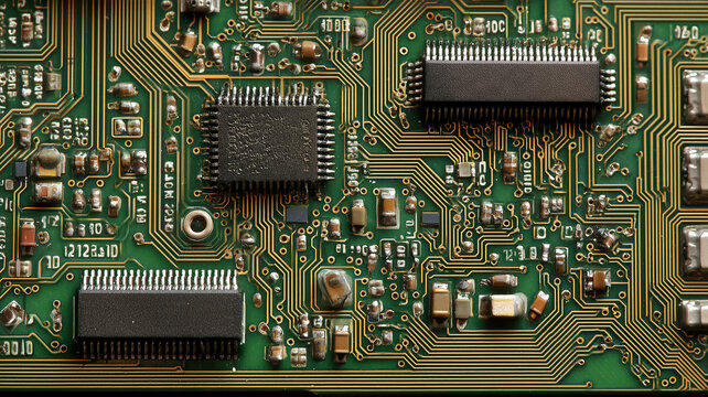 A detailed electronic circuit board with microchips represents computer hardware semiconductor technology and electronic engineering.
