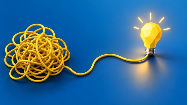 Tangled yellow cable leading to illuminated lightbulb symbolizing creative problem solving and unravelling complex business challenges