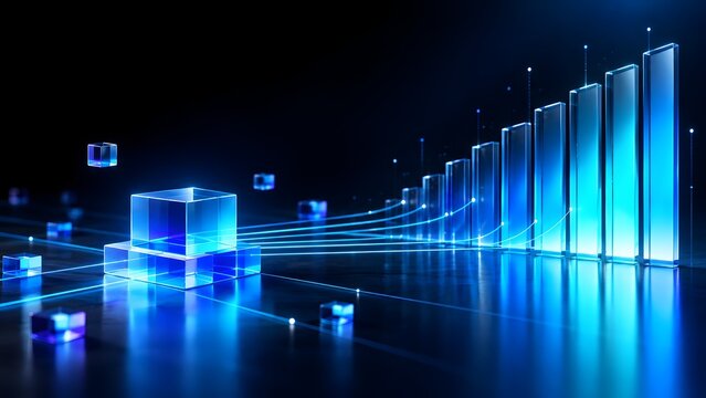 Digital Data Growth Concept With Glowing Blue Cubes Connecting To Rising Bar Graph Lines