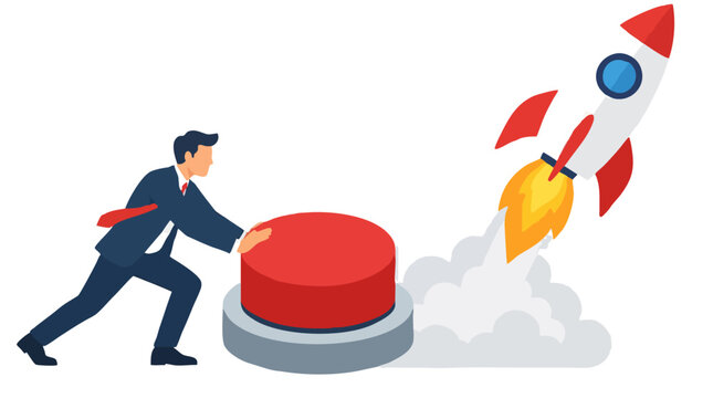 Businessman in suit pushing giant red launch button triggering rocket liftoff with flames and smoke, symbolizing startup launch, new venture, innovation, growth and entrepreneurial success