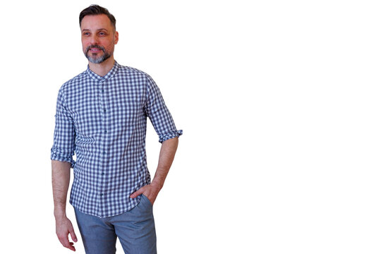 Confident man with beard and checkered shirt standing, hand in pocket, looking away on transparent background