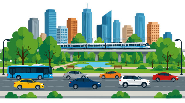 Flat vector illustration of busy urban street with colorful cars and blue bus, electric commuter train on elevated track through green city park with skyline background in summer daylight