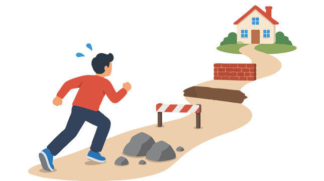 Flat vector illustration of determined first-time homebuyer man running toward distant house on winding path with obstacles like rocks, barrier, pit and brick wall symbolizing housing struggle