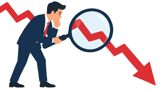 Thoughtful businessman in suit inspecting red downward trending arrow chart with giant magnifying glass, analyzing financial loss, market crash and economic decline concept vector illustration