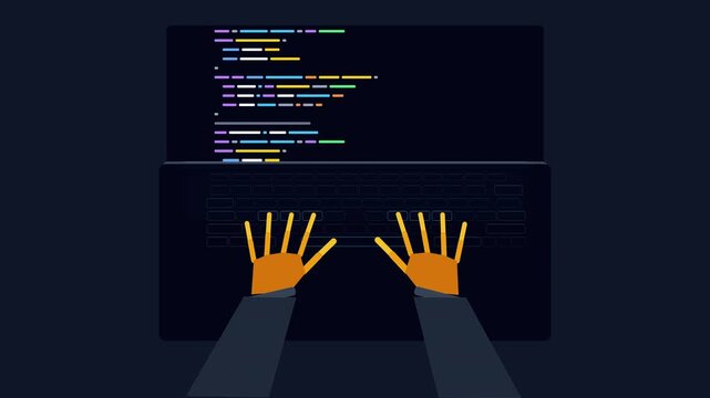 Flat vector animation of hands typing on laptop coding software
