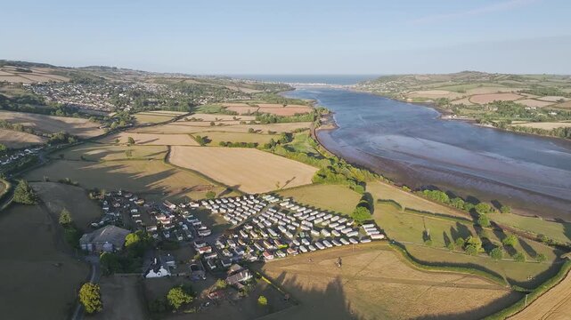 Farms and Fields over River Teign and Teignmouth Road from drone, Newton Abbot, Devon, England, United Kingdom