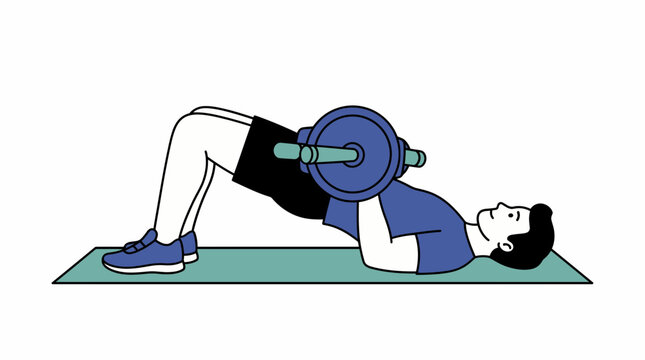 A man doing a hip thrust exercise with a barbell on a mat. He is lying on his back with his knees bent and his hips raised.