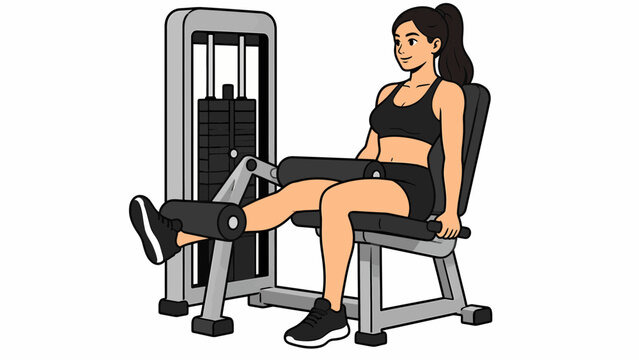 A woman is exercising her legs on a leg extension machine in a gym. Her hair is tied in a ponytail and she is wearing athletic clothing
