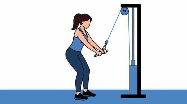 A woman performing a triceps pushdown exercise using a cable machine in a gym. She is wearing workout attire and has her hair in a ponytail