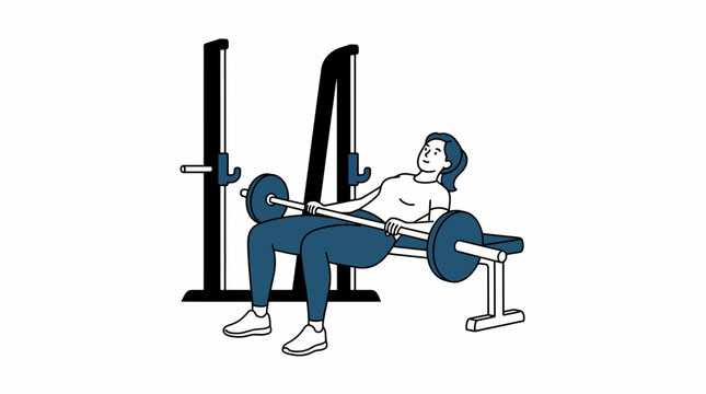 A woman performing a barbell hip thrust exercise using a squat rack and bench. Her body is positioned with her upper back on the bench and feet on the floor, lifting a barbell over her hips