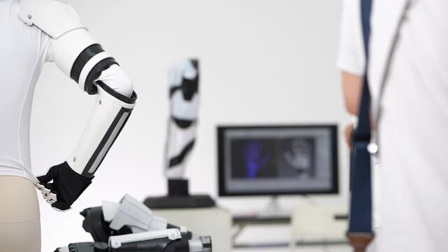 Woman in a white outfit wearing a black-and-white robotic arm stands by a robotic leg model while blurred engineers pass in the foreground and background