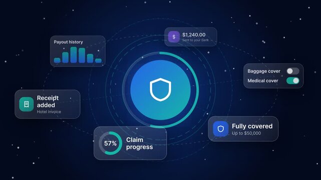 Insurance technology interface with shield icon, claim progress, and payout history orbiting on dark blue background
