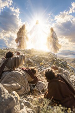 The Divine Transfiguration of Jesus Christ, Radiating Glory on a Mountain beside Moses and Elijah, a Climactic New Testament Revelation.