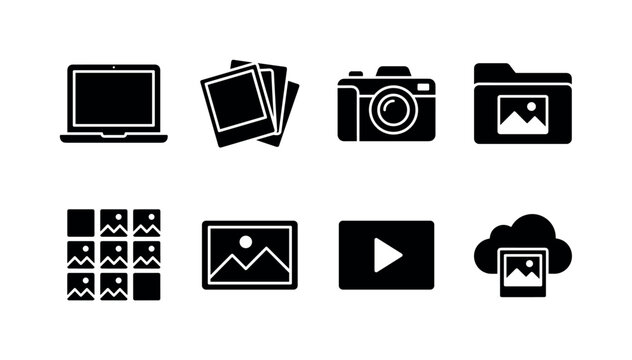 Laptop Photo Gallery, solid glyph icon set featuring laptop, photo cards, camera, image folder, gallery grid, landscape thumbnail, slideshow button, cloud photo, covering digital photography, photo