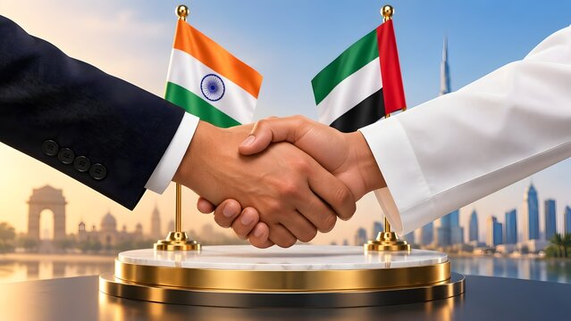 Close up of businessmen shaking hands on gold podium with India and UAE flags representing successful international trade deal and diplomatic relations