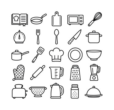 Cooking Kitchen Tools &mdash; line icon set, create 25 clean outline icons in a 5x5 layout showing recipe book, frying pan, chopping board, microwave, whisk, timer, fork, spoon, knife, pot, saucepan,