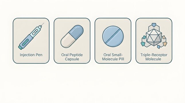 GLP-1 drug class comparison chart, injectable versus oral versus small molecule