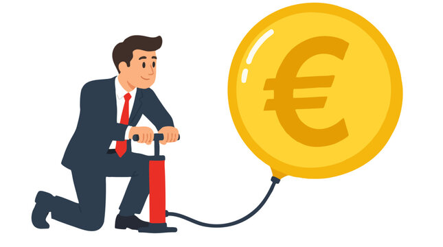 Businessman kneeling and inflating giant golden Euro coin balloon with red hand air pump symbolizing inflation, economy growth and financial bubble concept in modern flat vector illustration