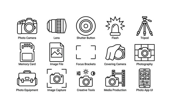 Camera Photography Tools Series, line icon set featuring photo camera, lens, shutter button, flash, tripod, memory card, image file, focus brackets, covering camera, photography, photo equipment,