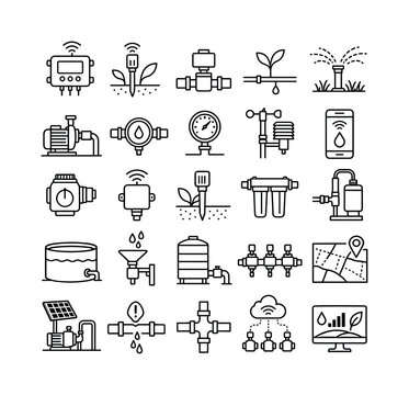 Automated Irrigation Controls &mdash; line icon set, create 25 clean outline icons in a 5x5 layout showing smart irrigation controller, soil sensor, automated valve, drip line, sprinkler, water pump, flow