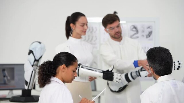 Woman with curly hair records data on a tablet while engineers assemble a robotic prosthetic arm and test its hand movement, robotic arm models on the desk