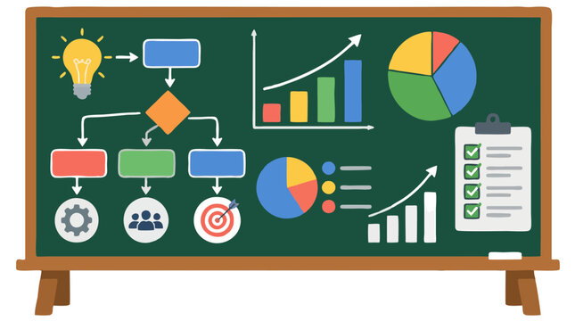 Green chalkboard with business plan flowchart, lightbulb idea, bar graphs, pie charts, target, team icons and checklist on clipboard, flat vector illustration for strategy presentation