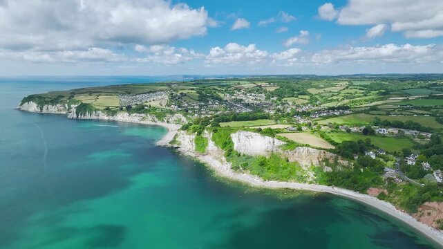 Seaton Beach and White Cliff from a drone, Jurassic Coast, Seaton, Devon, England, United Kingdom