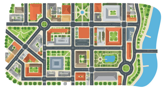 Top-down flat vector city street map with colorful buildings, urban blocks, roads, intersections, roundabouts, green parks and riverside waterfront in bold modern cartography style illustration