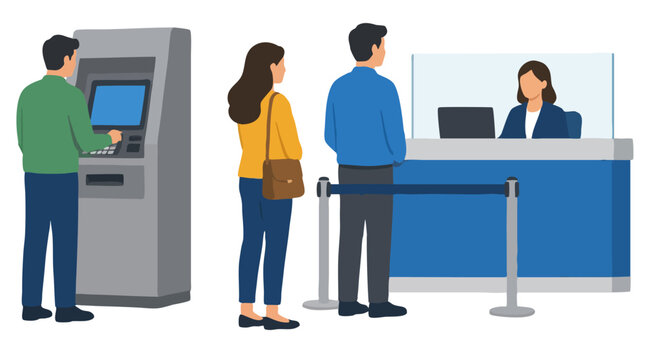 Flat vector illustration of customers in bank branch with man using ATM machine and couple waiting in queue line at teller counter with female cashier behind protective glass banking service