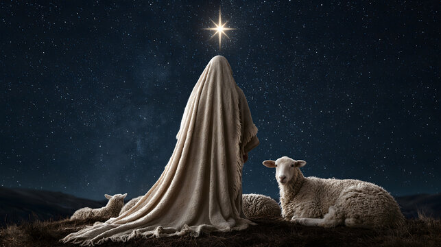 A lone shepherd standing on a dark hillside at night, seen from behind, looking up at a sky filled with stars, one star burning brighter than the rest directly above.