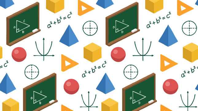 Seamless isometric education pattern with green chalkboards, Pythagorean theorem, 3D geometric shapes, cubes, pyramids, spheres, parabola graphs on clean white background for school math design