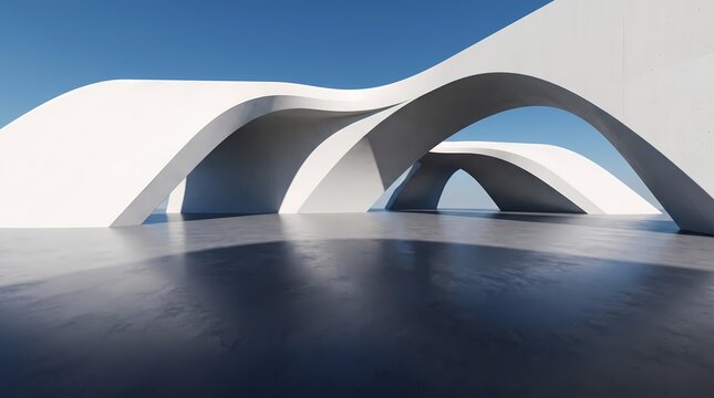 Sunlight illuminates the expansive floor space beneath these sweeping curvilinear concrete structures that stand tall against a deep blue afternoon sky within this serene outdoor architectural