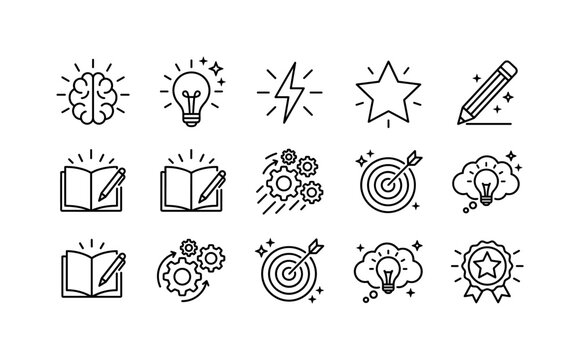 Creative Mind Ideas, line icon set featuring brain, light bulb, spark, star, pencil, notebook, gear, target, idea cloud and innovation badge, covering glow-on-head concept adapted to creativity,