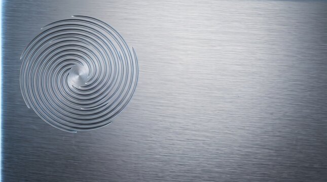 A circular swirling pattern is engraved into the brushed metallic surface of a durable industrial component that reflects light across its textured grains to create an interesting visual effect