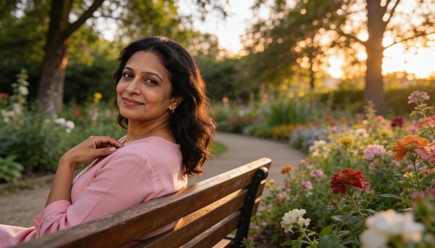 Sitting middle aged woman wearing pink blouse turning to camera on wooden bench