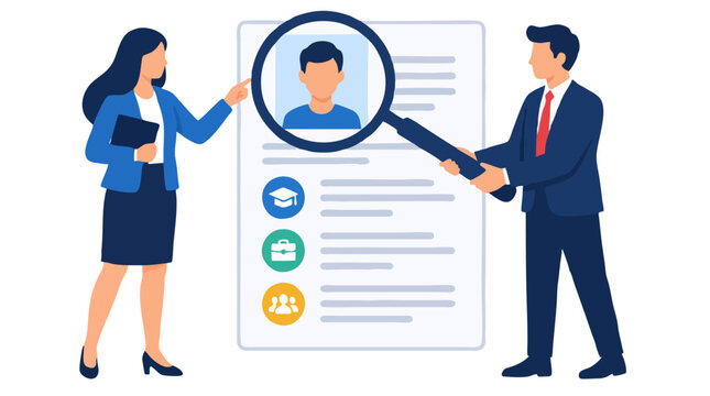 Two HR recruiters examining resume with oversized magnifying glass inspecting candidate profile photo education and work experience for recruitment screening and hiring flat vector illustration