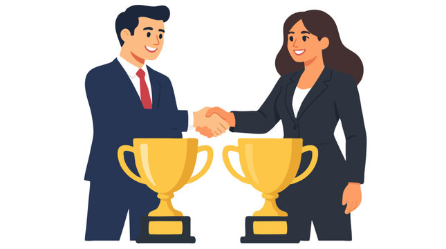 Two diverse business partners shaking hands over two golden trophy cups in celebration of successful win-win partnership deal and teamwork achievement flat vector illustration for business success