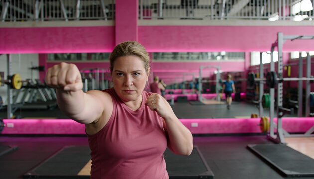 Punching middle-aged woman wearing maroon tank top and dark leggings toward lens at gym