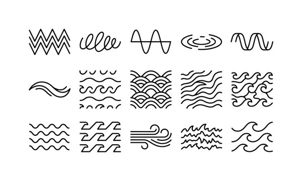 Wave Pattern Elements, line icon set featuring zigzag wave, squiggle stripe, sine wave, ripple line, undulating band, water curve, seamless repeat tile symbol, covering wave pattern, abstract stripes,