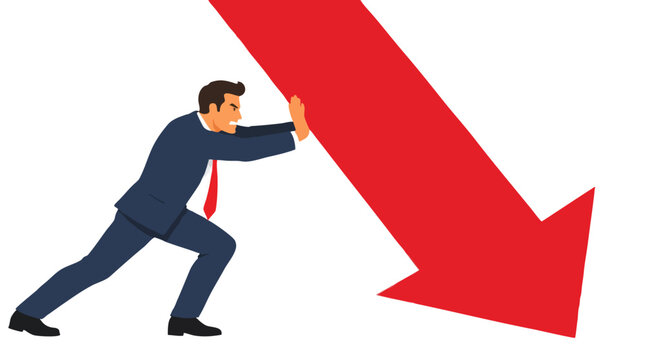 Determined businessman in dark suit pushing hard against a giant red downward arrow symbolizing recession, market crash resistance, financial crisis struggle and business resilience concept