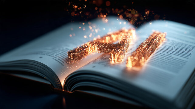 An open book with a glowing AI symbol represents artificial intelligence education digital learning and knowledge development.
